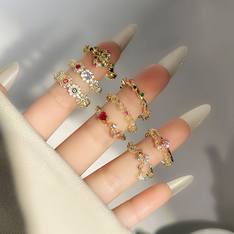 Sweet and cool lace colored diamond slightly set open ring, women's light luxury and high-end style, simple and cold style, exquisite quality, ring trend details Picture