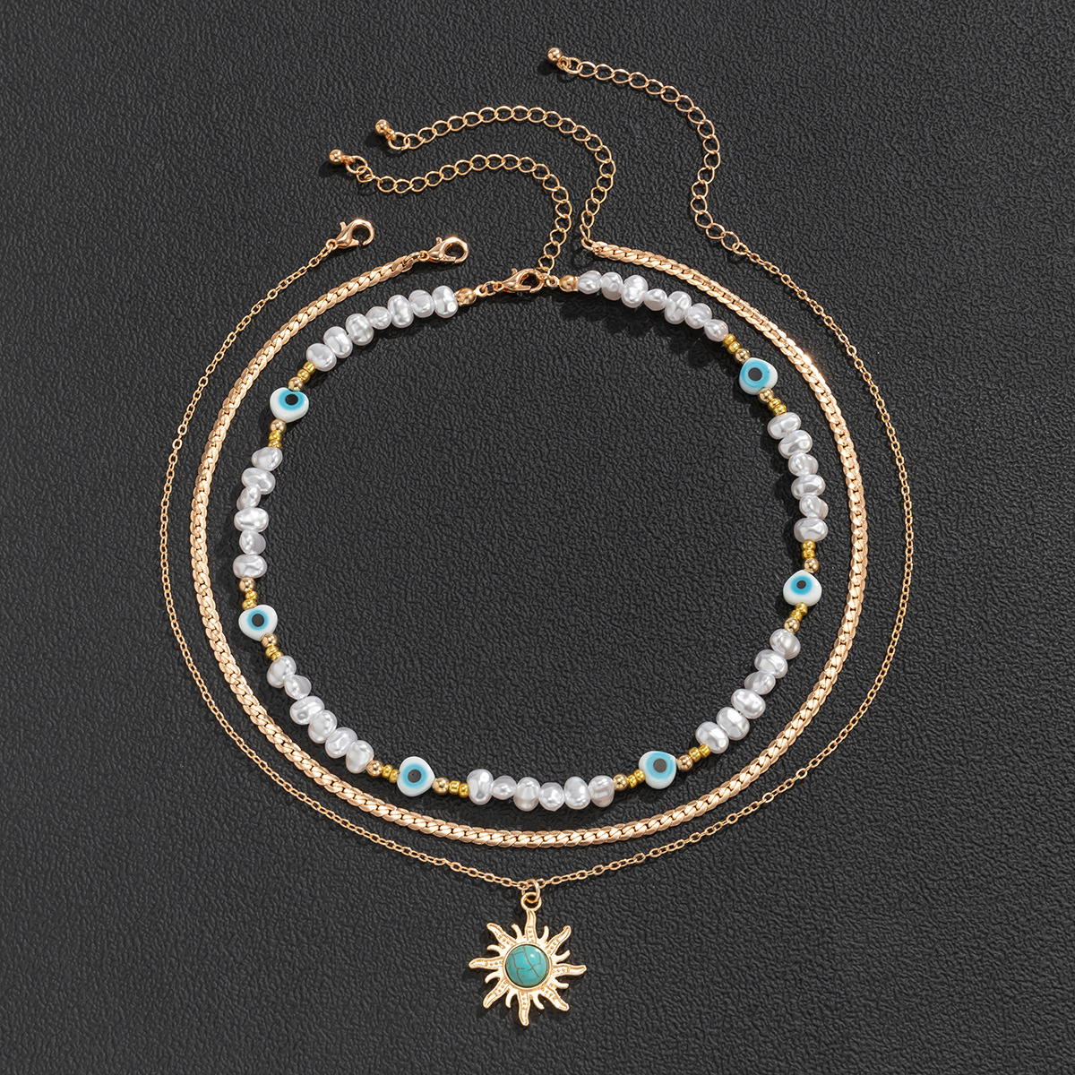 European and American cross-border jewelry, retro color-blocking personality eye pearl necklace, ethnic style sun turquoise pendant necklace details Picture