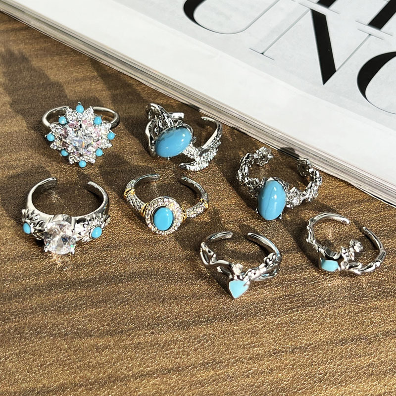 Wholesale of Chinese-style blue egg surface micro-inlaid rings for women, vintage, retro charm, light luxury and exquisite rings details Picture