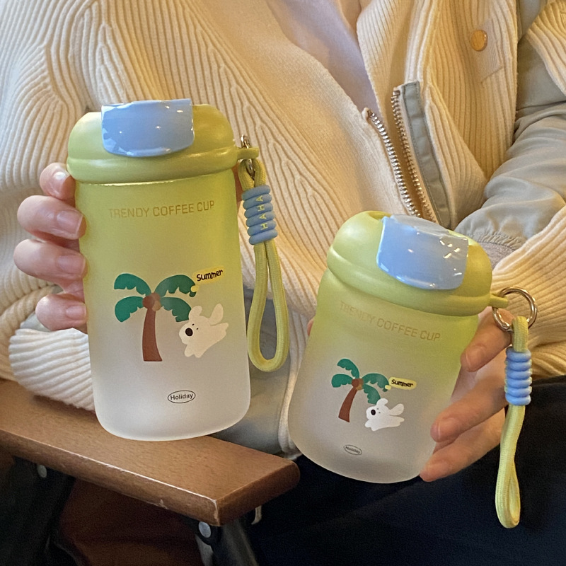 ins original coconut tree puppy gradient green sealed glass cup, niche coconut kitten water cup, large-capacity portable cup full figure