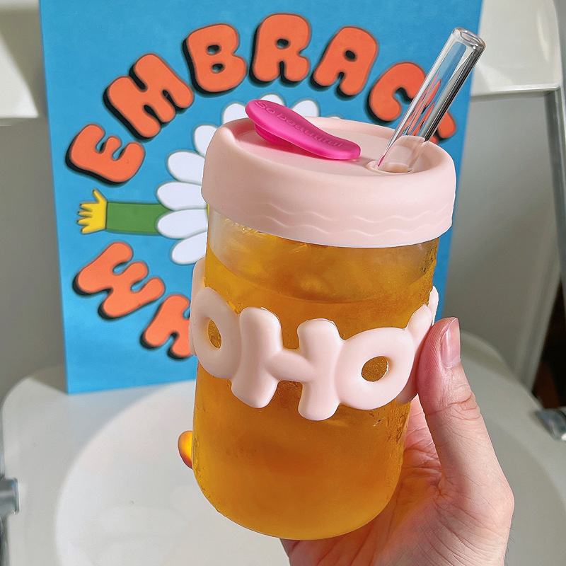 Bolimei ins large-capacity glass straw cup, simple cup with lid, milk cup, coffee cup, girlish water cup Specification drawing