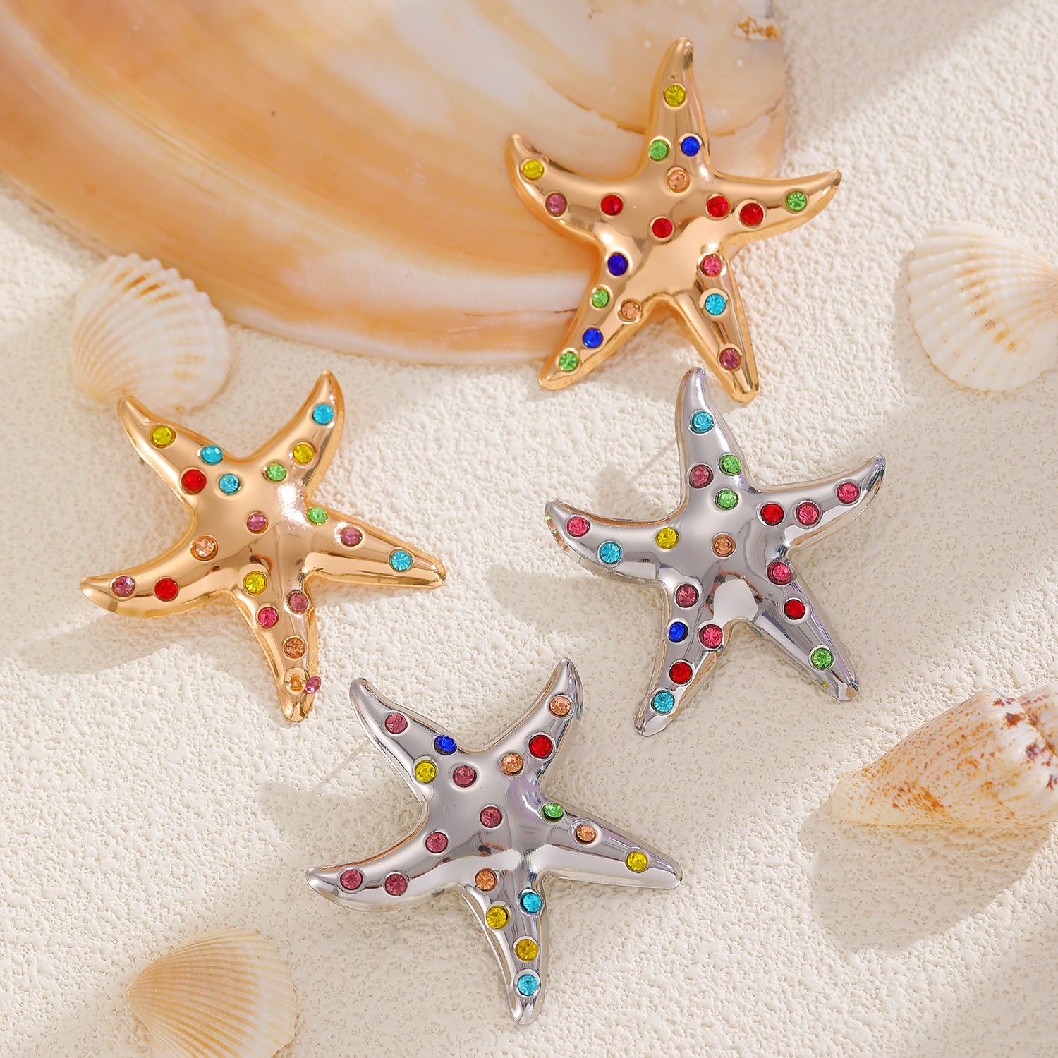 European and American cross-border accessories, ocean vacation style, colorful diamond five-pointed star starfish stud earrings, women's personalized and high-end earrings Specification drawing