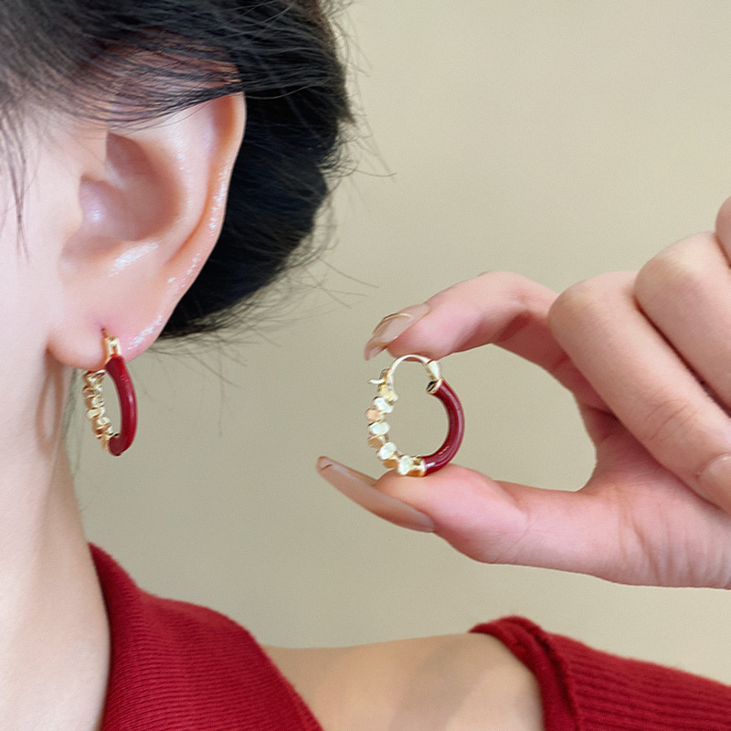 Ankela red enamel drop glaze ear loops for women, a light luxury retro patchwork circular ear buckle, a high-end and elegant ear accessory details Picture
