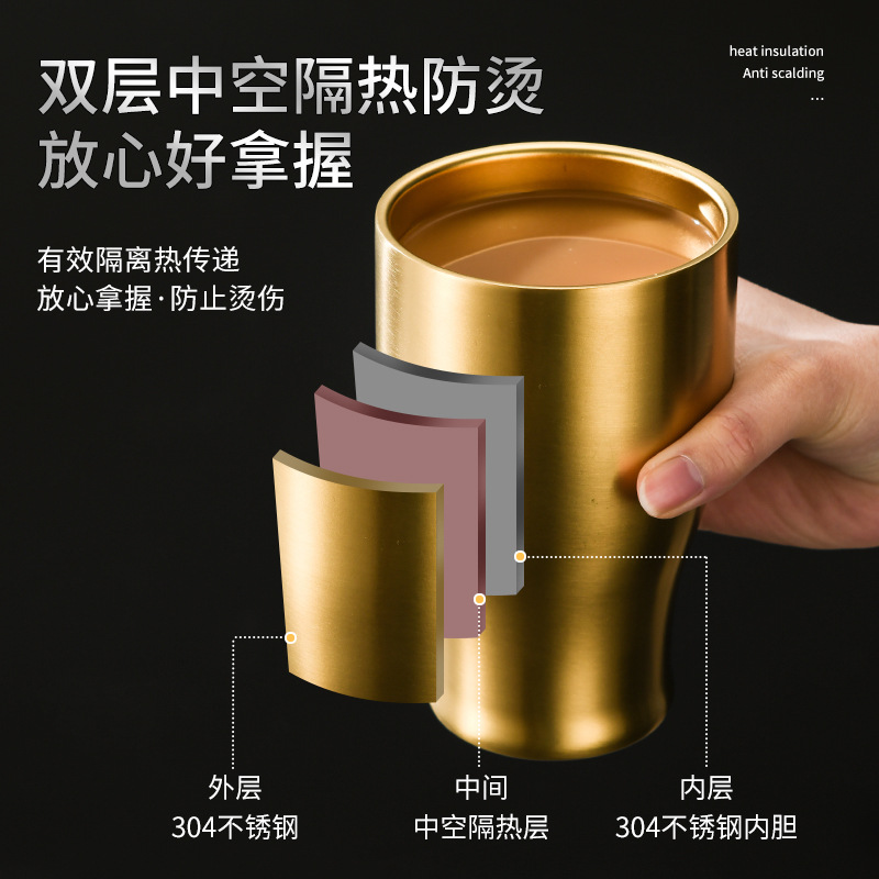 304 stainless steel double-layer water cup, Korean beer mug, coffee cup, children's cup, restaurant golden beverage cup Specification drawing