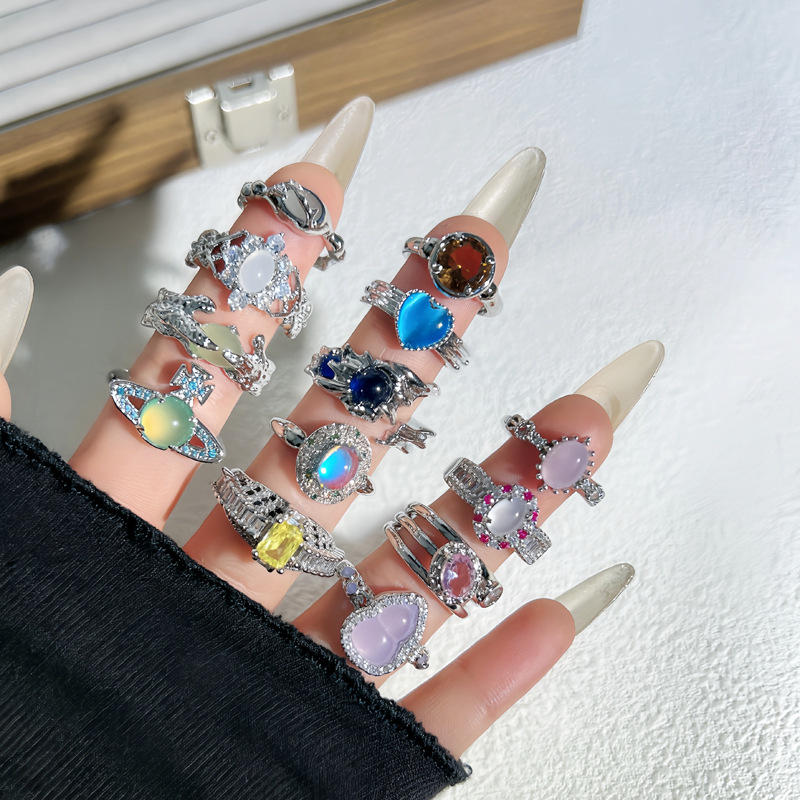 New Chinese-style retro light luxury chalcedony moonstone open ring, a cold and elegant feminine style, a sweet and cool niche index finger ring details Picture