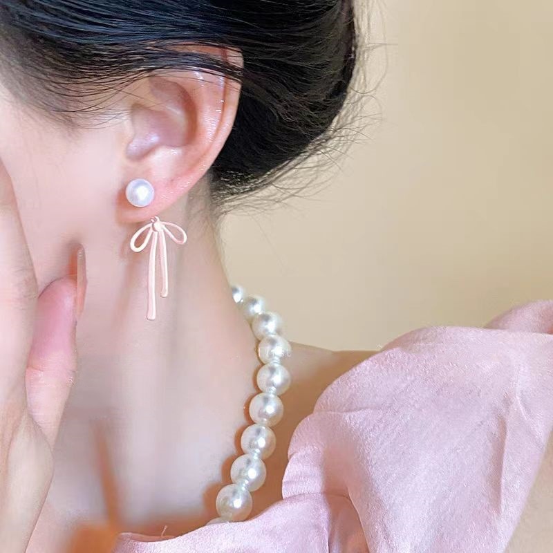 Pink bow double-wear pearl stud earrings, unique back-hanging earrings for girls in summer, with a light luxury and high-end feel details Picture