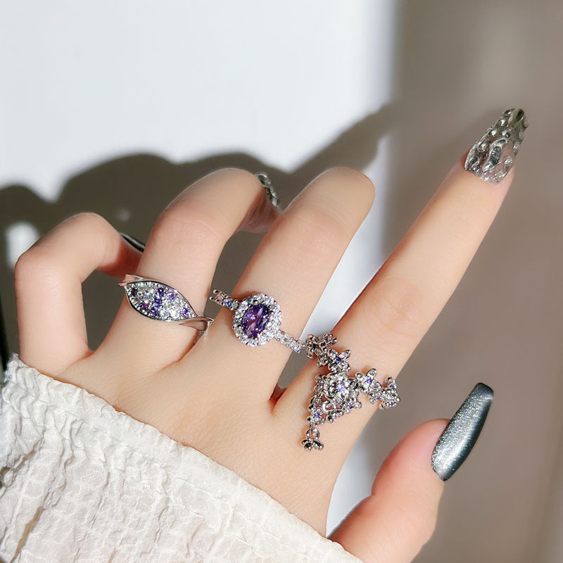 Sweet and cool purple diamond three-dimensional flower tassel unique open ring, women's oval full diamond exquisite, niche and light luxury ring trend details Picture