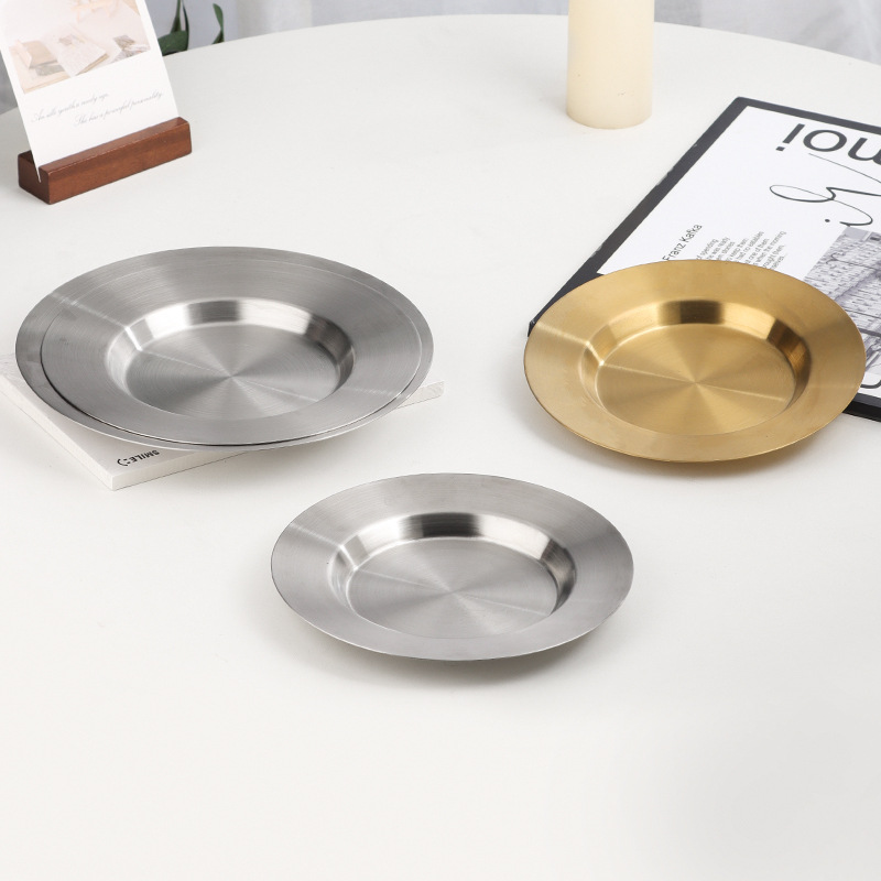 Nordic stainless steel cake and dessert plates, flat-edge vegetable plates, round plates, restaurant trays, ins grilled meat snack plates, steak plates full figure