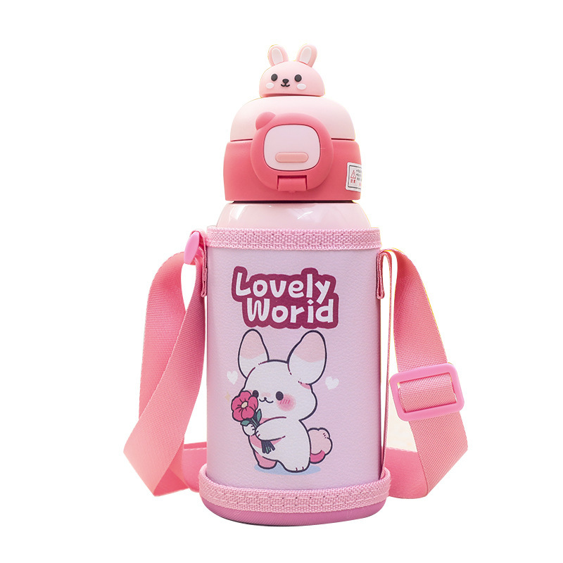 New plush children's insulated cup, 316 stainless steel portable dual-purpose water cup, boys' and girls' diagonal cross school water bottle Item Picture