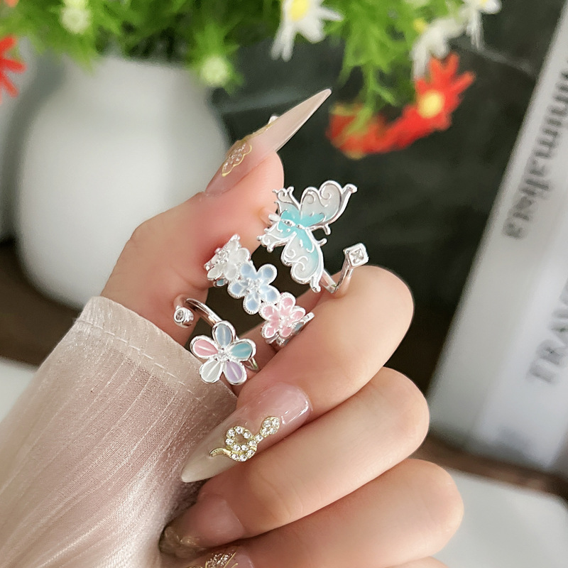 Sweet dopamine-colored flower drip glaze open ring, a niche fashion bestseller for women, with an oil painting style and an exquisite ring trend full figure