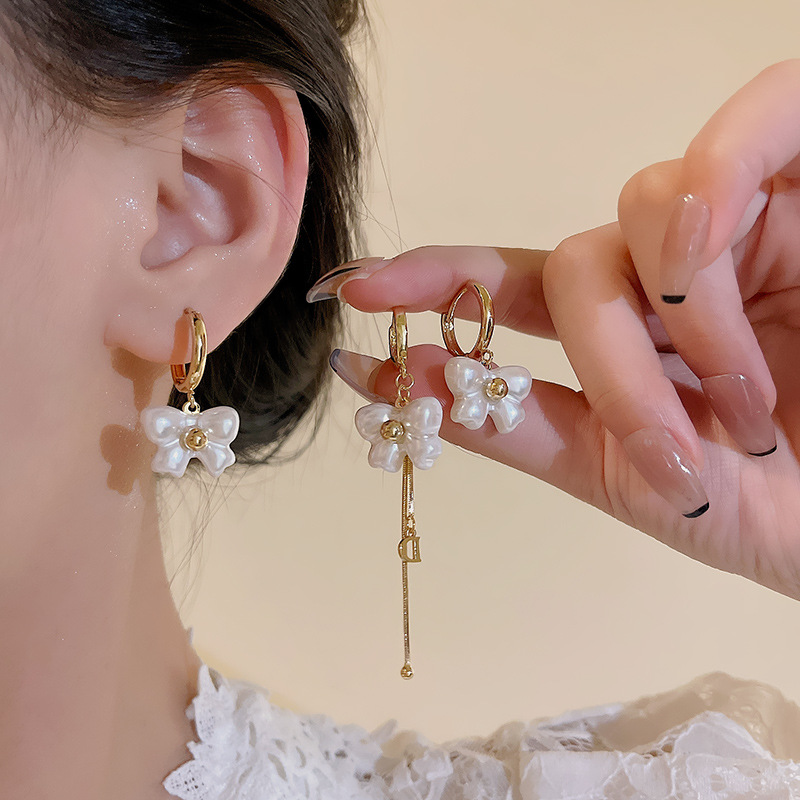 S925 Silver Needle, super ethereal, white bow stud earrings, women's high-end design, long tassel earrings wholesale details Picture