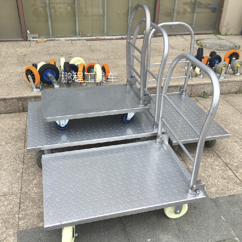Steel plate flatbed cart, handcart, push truck, handling cart, cargo trailer, small trolley, four-wheel folding portable, silent iron Specification drawing