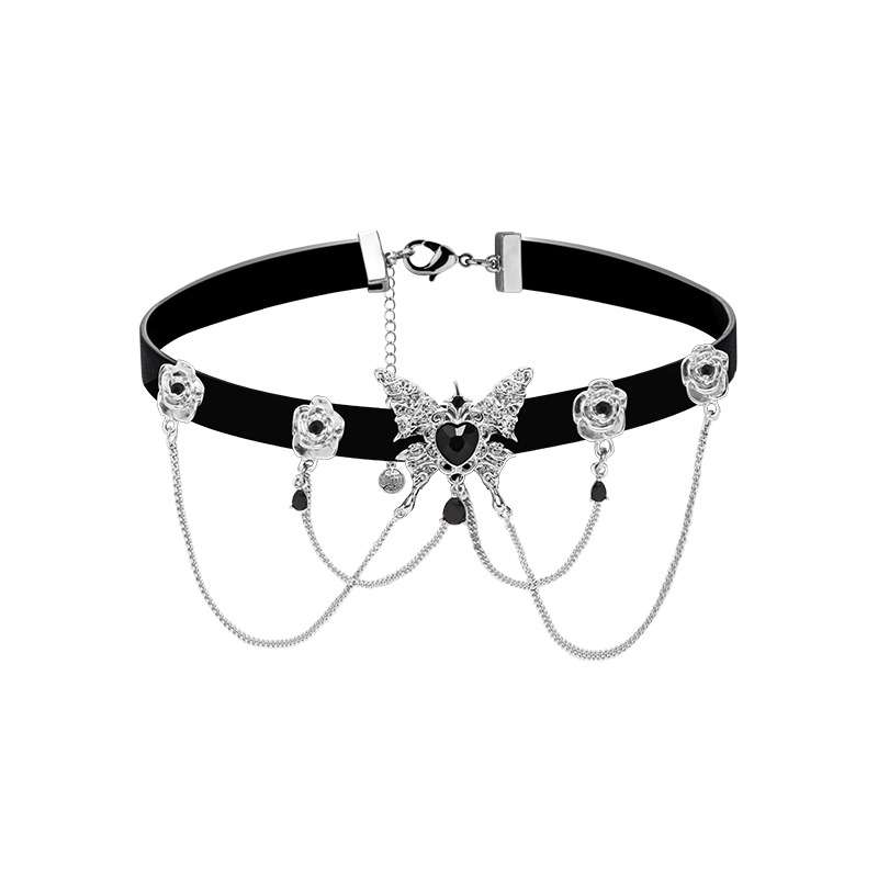 Original style personalized butterfly black heart necklace, sweet and cool girl choker collar, dark style leather collarbone chain Item Picture