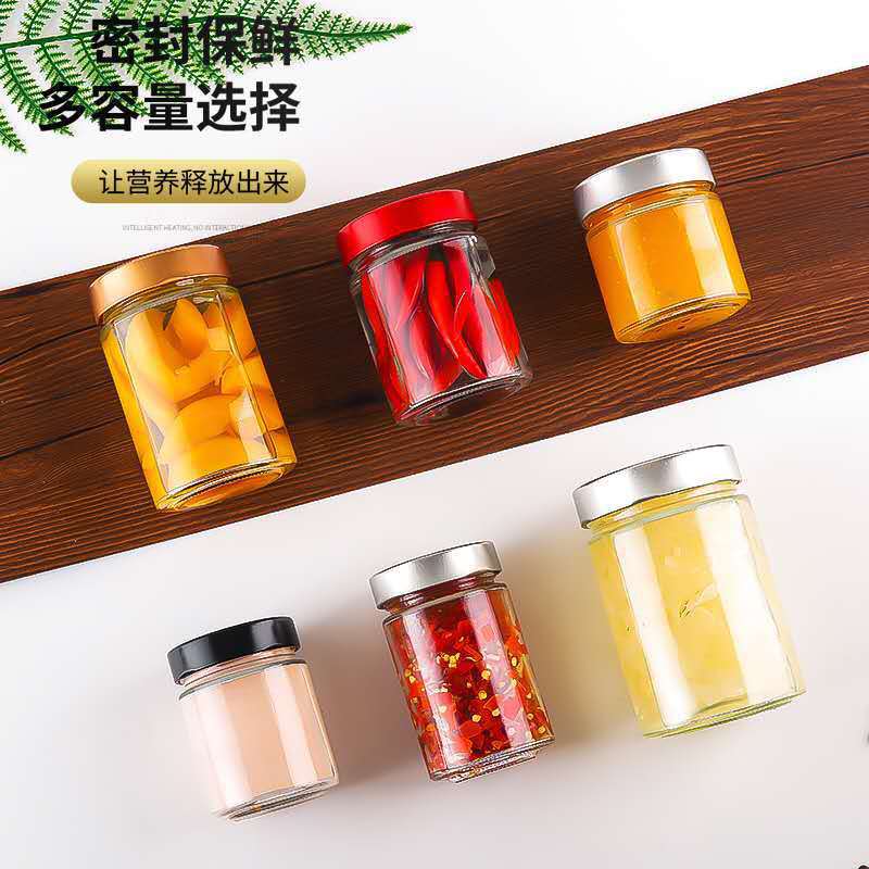 Round honey bottle, glass bottle, sealed jar, chili sauce bottle, jam bottle, tin bottle, empty bottle, storage jar with lid Specification drawing