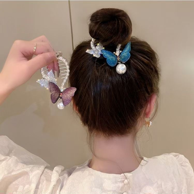 New high-end and light luxury hair accessories, elegant bun hair clips, hand-embroidered butterfly pearl ponytail clips full figure