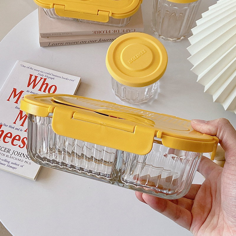 Wholesale rectangular adult ins style vertical pattern high borosilicate glass lunch boxes, microwave oven partition, fresh-keeping bowl sealing Specification drawing