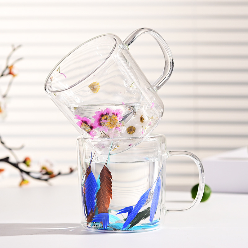 Creative dried flower double-layered cups, high borosilicate transparent glass cups, household heat-resistant and heat-insulating breakfast cups, beverage cups, coffee cups Specification drawing
