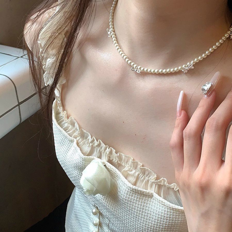 Bow pearl necklace, women's light luxury, niche design sense, simple and versatile neckchain, collarbone chain Specification drawing
