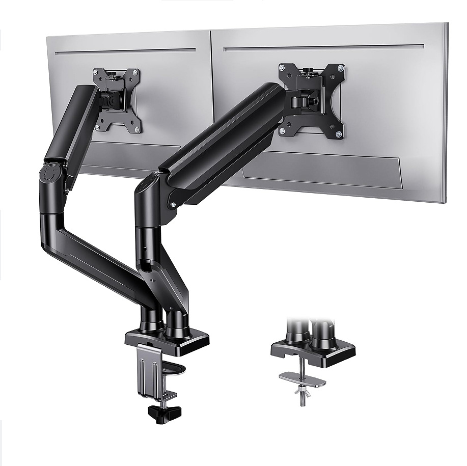 The 32-inch adjustable dual-screen monitor stand features a 360° rotatable screen, suitable for home offices full figure