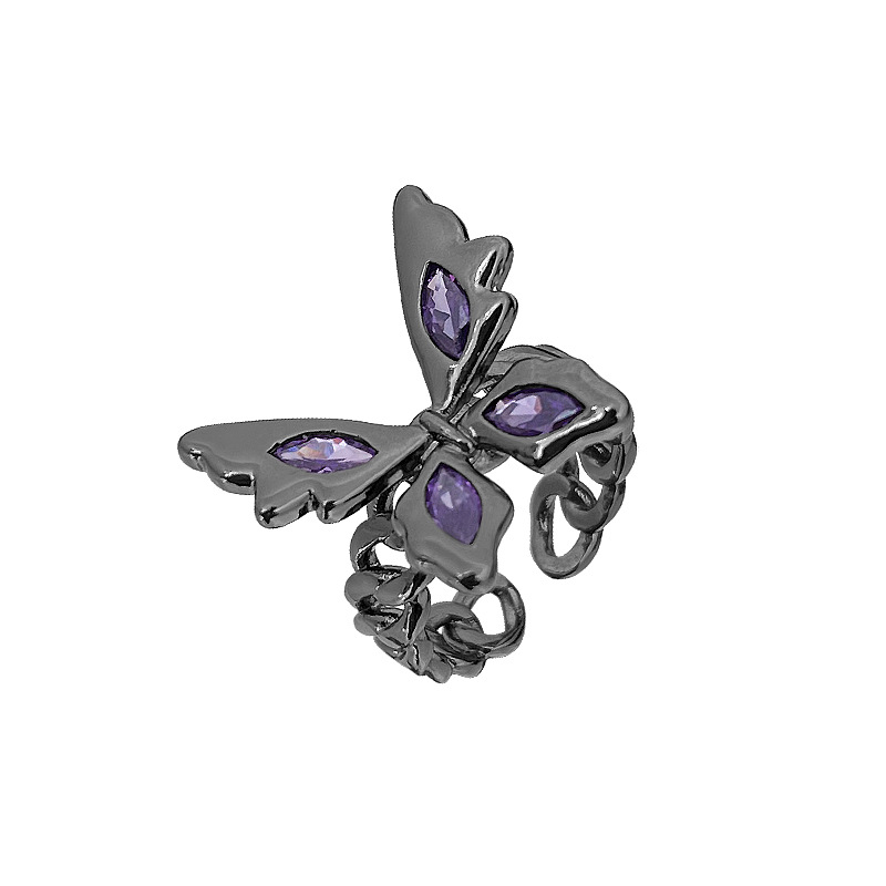 A high-end purple diamond black butterfly ring, a trendy and unique design for women on Instagram, with an open ring and a light luxury index finger accessory Item Picture