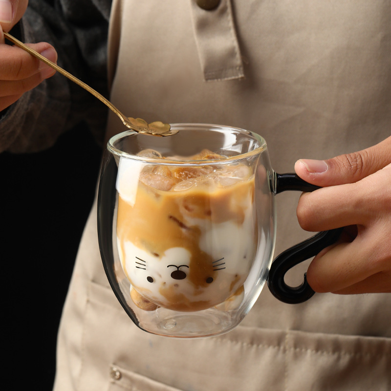 Creative gifts: cat cups, home breakfast coffee cups, high-temperature resistant milk cups, double-layer glass cups, cute pets Application Scenario