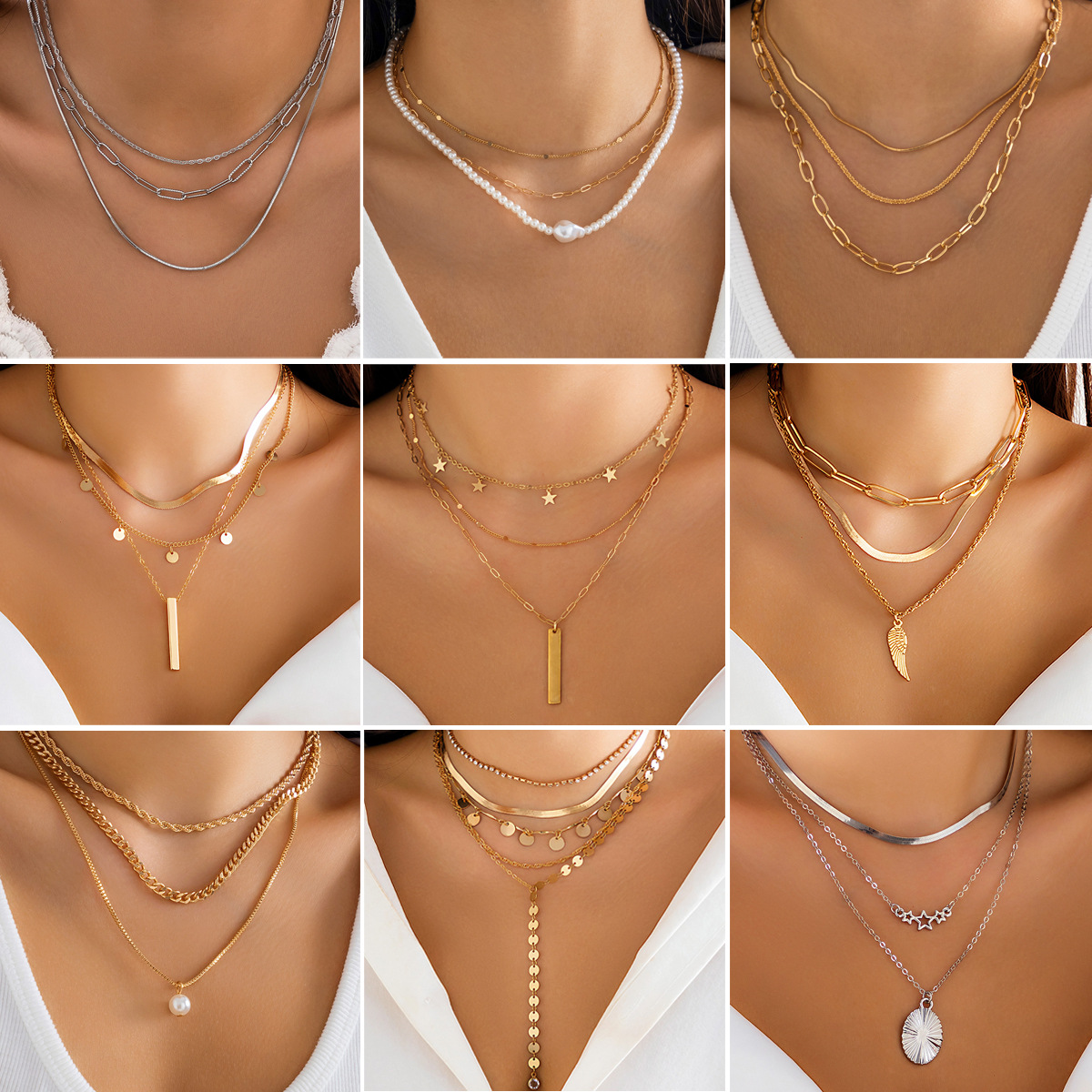 European and American cross-border jewelry simple fine chain imitation pearl necklace for women necklace versatile multi-layer set necklace full figure