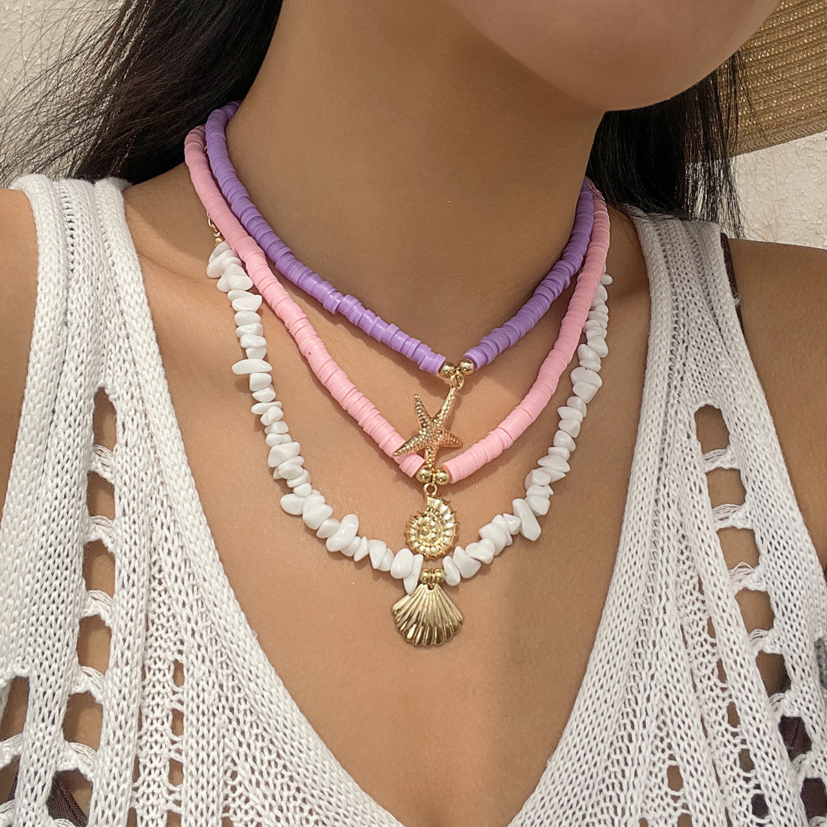European and American cross-border ocean-style shell and turquoise multi-layer necklace beach starfish beaded necklace item jewelry for women Specification drawing