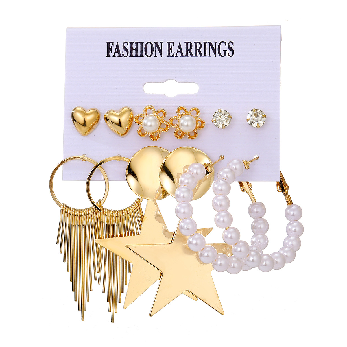 European and American metal seven-color rice bead ear rings, geometric round pearl stud earrings, retro earring set of 6 pieces for women Item Picture