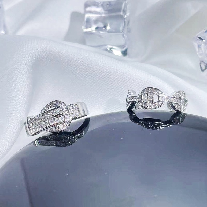 Sweet and cool pig nose belt buckle, full of diamonds, elegant open ring, feminine cold style, exquisite temperament, fashionable and versatile ring details Picture