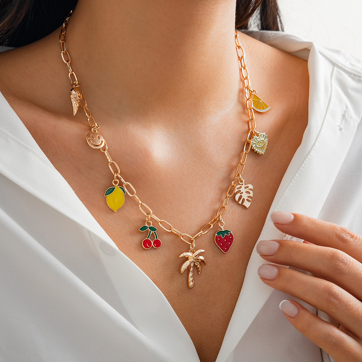 European and American cross-border jewelry bohemian-style cherry pendant collarbone chain sweet dopamine necklace versatile Specification drawing