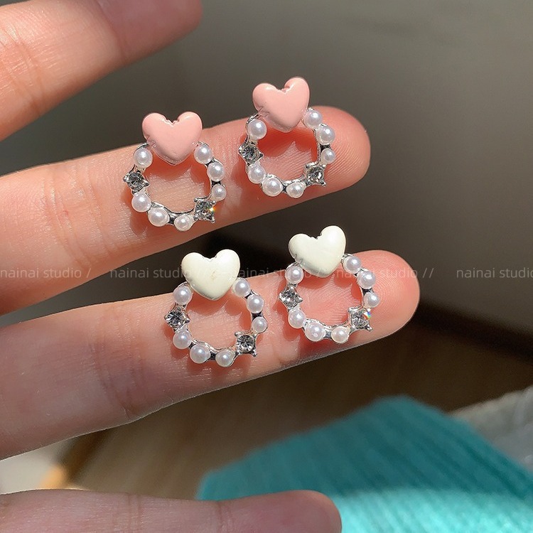 Pink heart-shaped stud earrings ~ Sweet and girlish pearl ballet-style earrings 2025 new star sparkling diamond earrings trend full figure