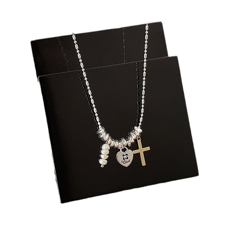 Silver silver metallic pearl heart-shaped cross tassel necklace, simple and versatile for women, elegant and stylish collarbone chain Item Picture
