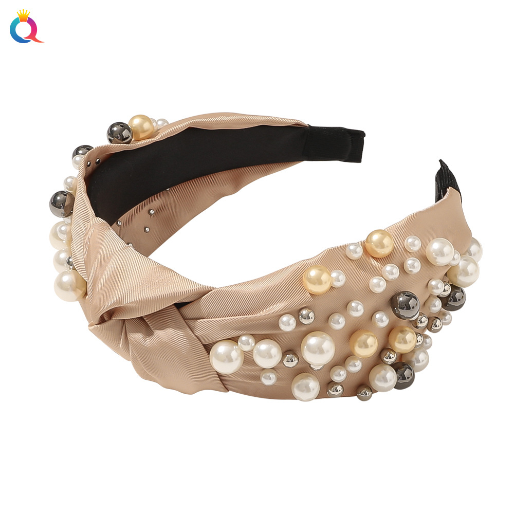 Qiyue's new cross-border pearl headband with wide edges, PU leather headband and fashionable pleated headwear for women wholesale Item Picture