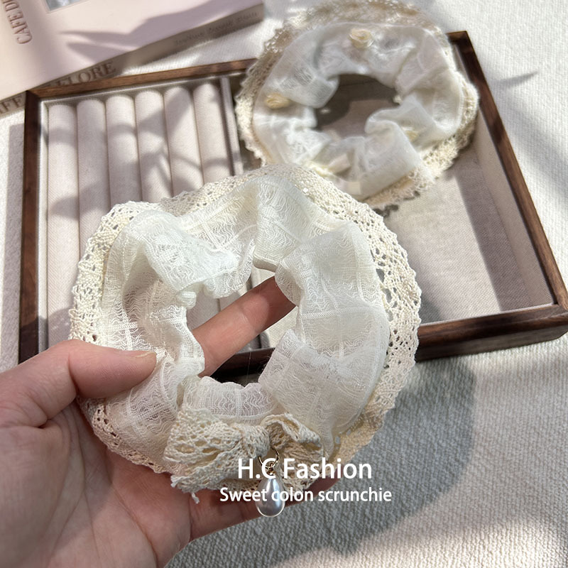 Retro French milk white lace large intestine hair tie, gentle and sweet ponytail, rubber band bun, hair tie accessory Specification drawing