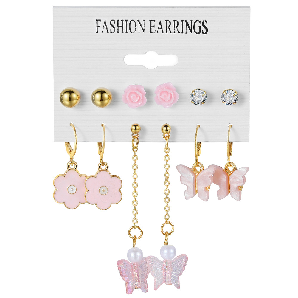 A new cross-border butterfly earring set of 6 pairs of creative and simple acrylic butterfly earrings with tassels and stud earrings for women Item Picture