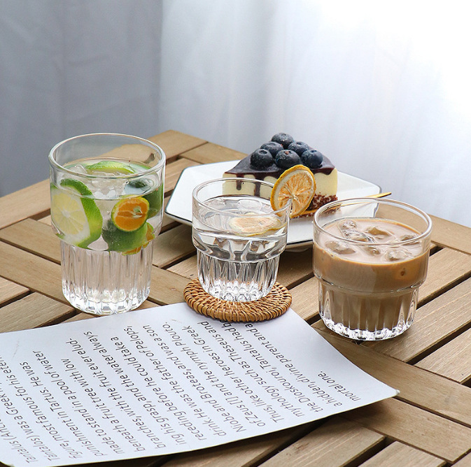 Transparent glass coffee cup, the same style as Xiaohongshu's InS-style foreign wine and beverage cup, vertical pattern household stackable water cup Specification drawing