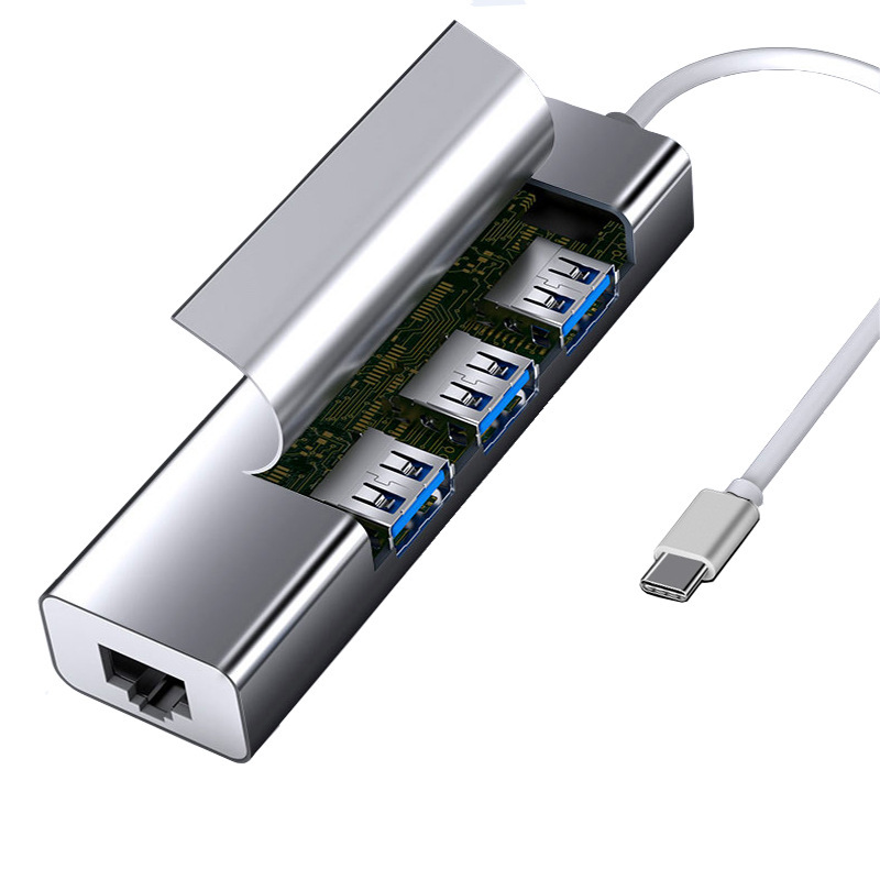 Aluminum alloy USB3.1 network card Type-C to RJ45 with 1 port 3.0 and 2 ports 2.0HUB 100M driverless network card details Picture