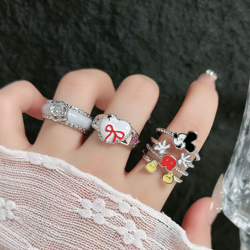 Sweet and cool girl y2k girlish heart-shaped bow open ring, a creative Mickey ring with a childlike atmosphere details Picture