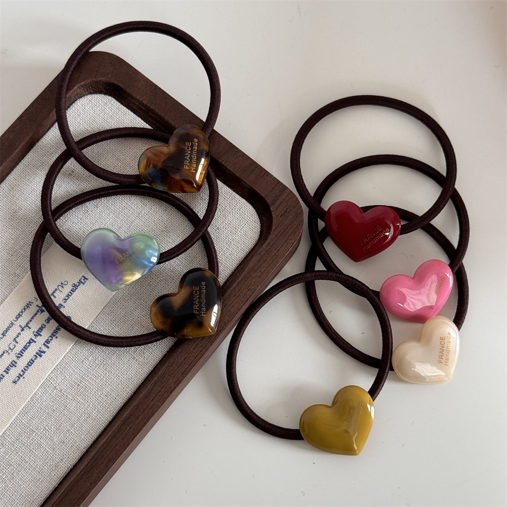 Gold label heart-shaped acetate candy-colored hair band, high-elasticity rubber band, cute and sweet, high ponytail hair tie Specification drawing