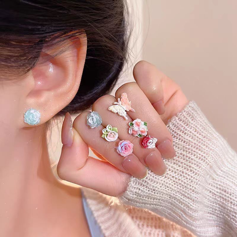 6 pairs of colorful flower-shaped butterfly stud earrings for women, a new bestseller in 2025, exuding a high-end, light luxury and sweet charm full figure