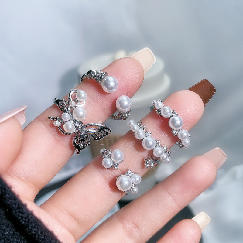 Pearl-inlaid high-end, light luxury butterfly opening ring for women, simple French style, versatile, layered, autumn and winter accessory ring details Picture