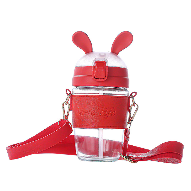 The cute rabbit glass water cup is adorable and girlish, with a high level of appearance. It is a heat-resistant straw cup that students can carry diagonally. It is a popular online cup Item Picture