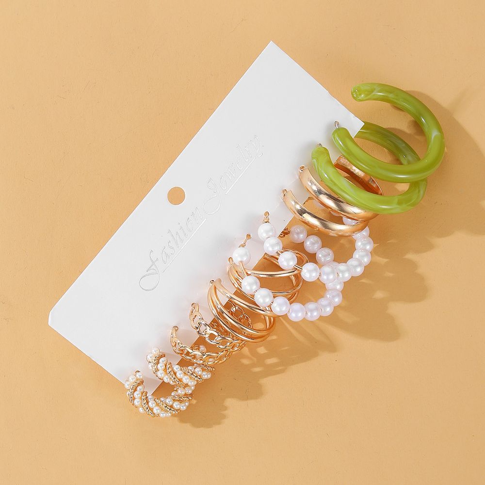 Cross-border best-selling metal C-shaped earrings geometric Earringset 5-piece retro pearl earrings Earringset Specification drawing