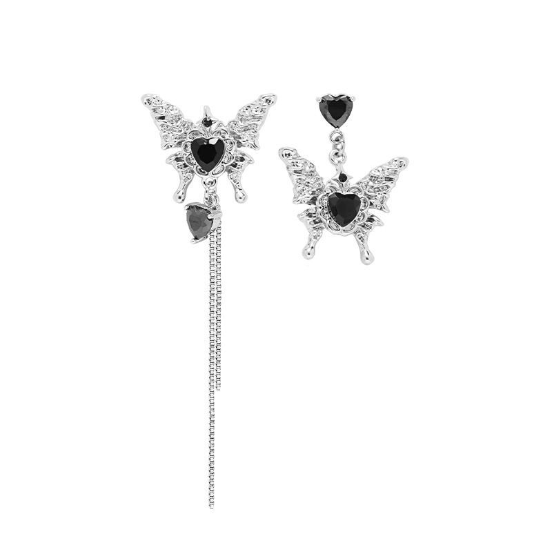 Black heart-shaped butterfly earrings with a niche design sense, a high-end winter look. 925 silver needle stud earrings, fashionable and individual Item Picture