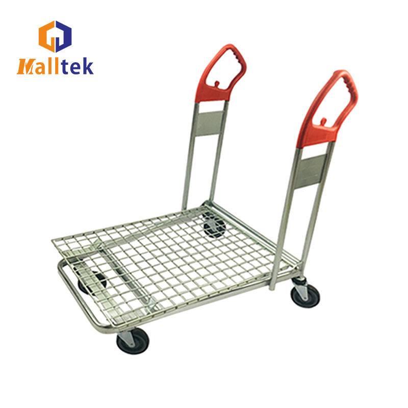 Supermarket metal picking goods flow trolley, four-wheel flat net warehouse metal sorting truck full figure