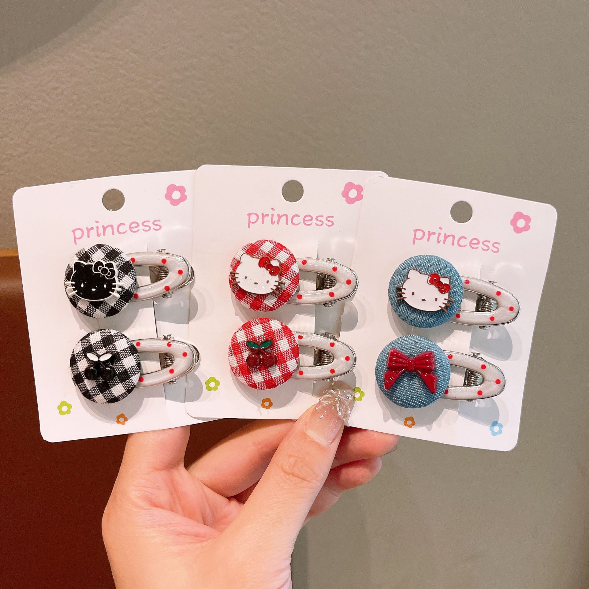 Cartoon checkered polka dot children's hair clips, alloy buttons, cherry cute bangs, broken hair clips, duckbill clips, girls' hair clips details Picture