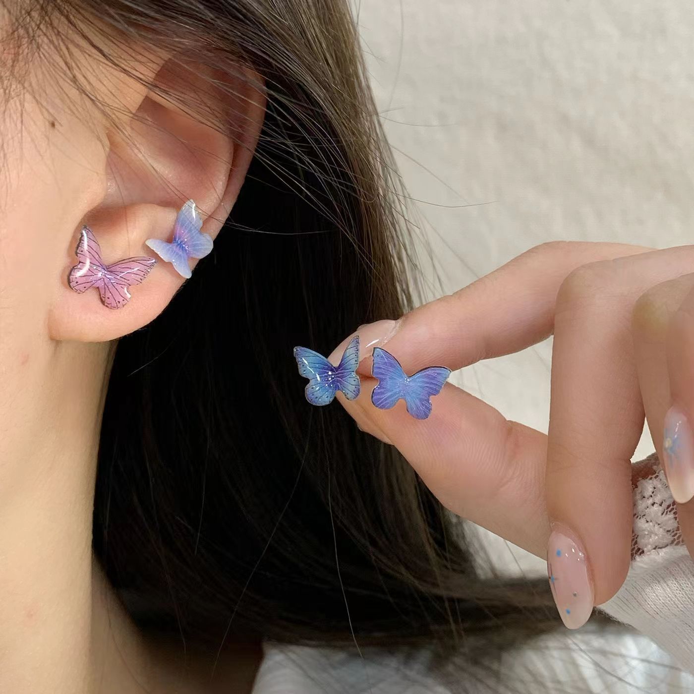 Summer Colorful butterfly flower Pearl one-week stud earrings set, small, exquisite, sweet and high-end women's silver needle earrings details Picture