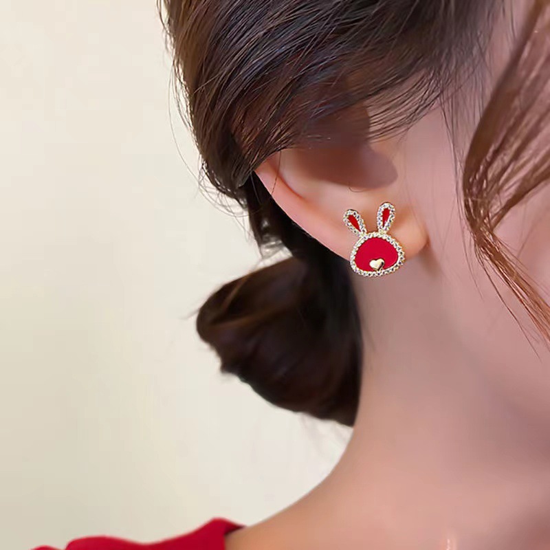 Autumn and winter red rabbit stud earrings for women, a niche design with a high-end feel, zodiac earrings, and a gift of Instagrams' popular earrings full figure