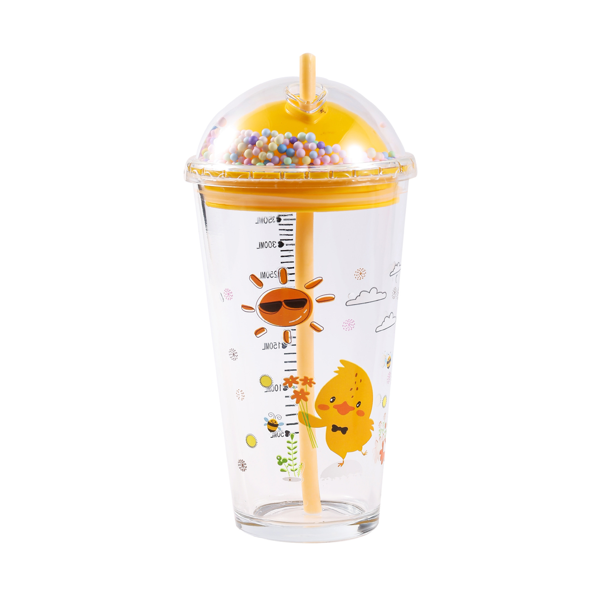Cartoon graduated glass straw cup, double-layer portable summer casual cup, cute straw cup, creative cup Item Picture
