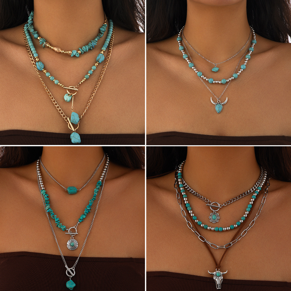 European and American cross-border jewelry, retro beaded geometric turquoise collarbone chain, casual style multi-layer Bohemian necklace full figure